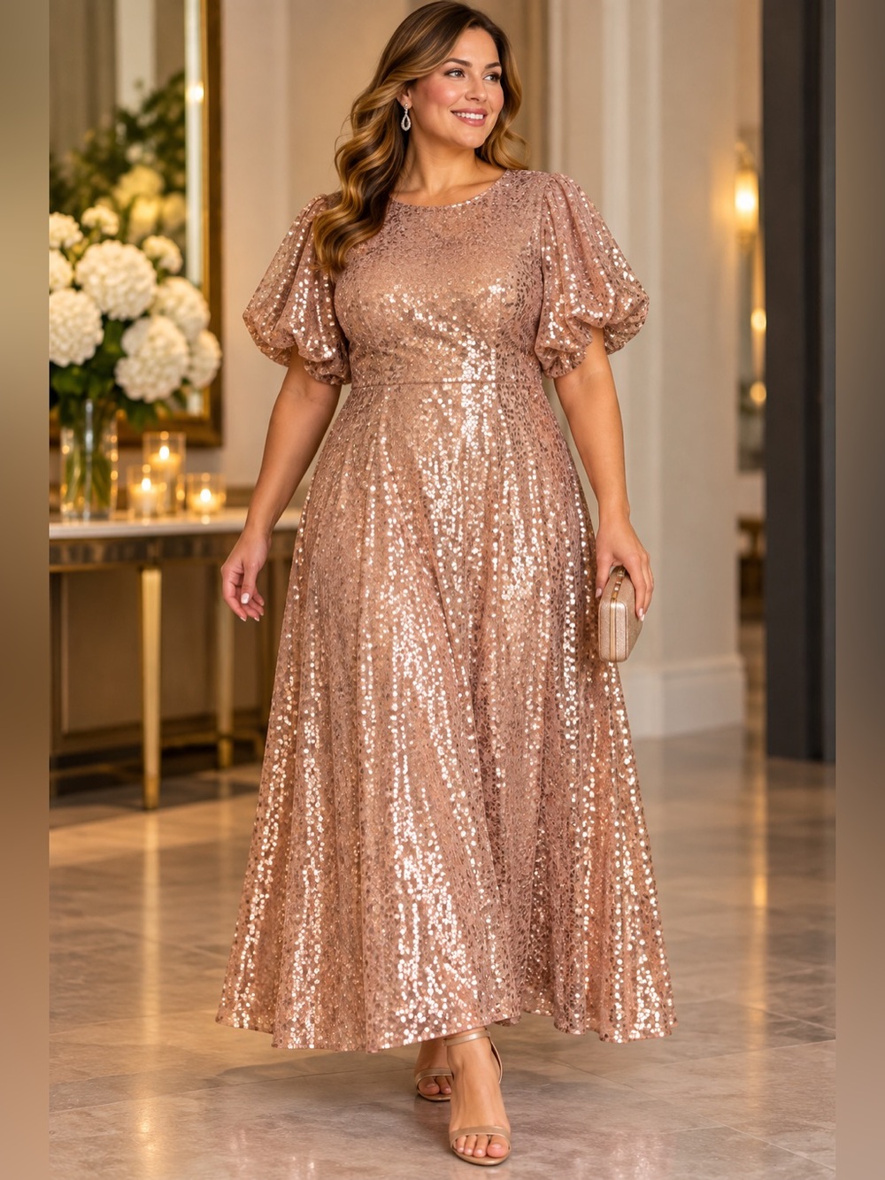 Sugarlips Rose Gold Micro Sequin Puff Sleeve Ankle/ Maxi Dress 2X